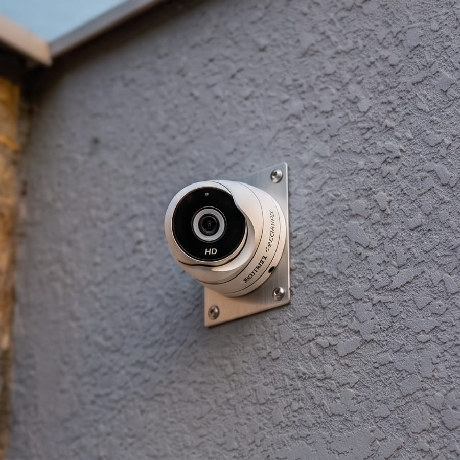 Câmera de segurança instalada em parede externa
