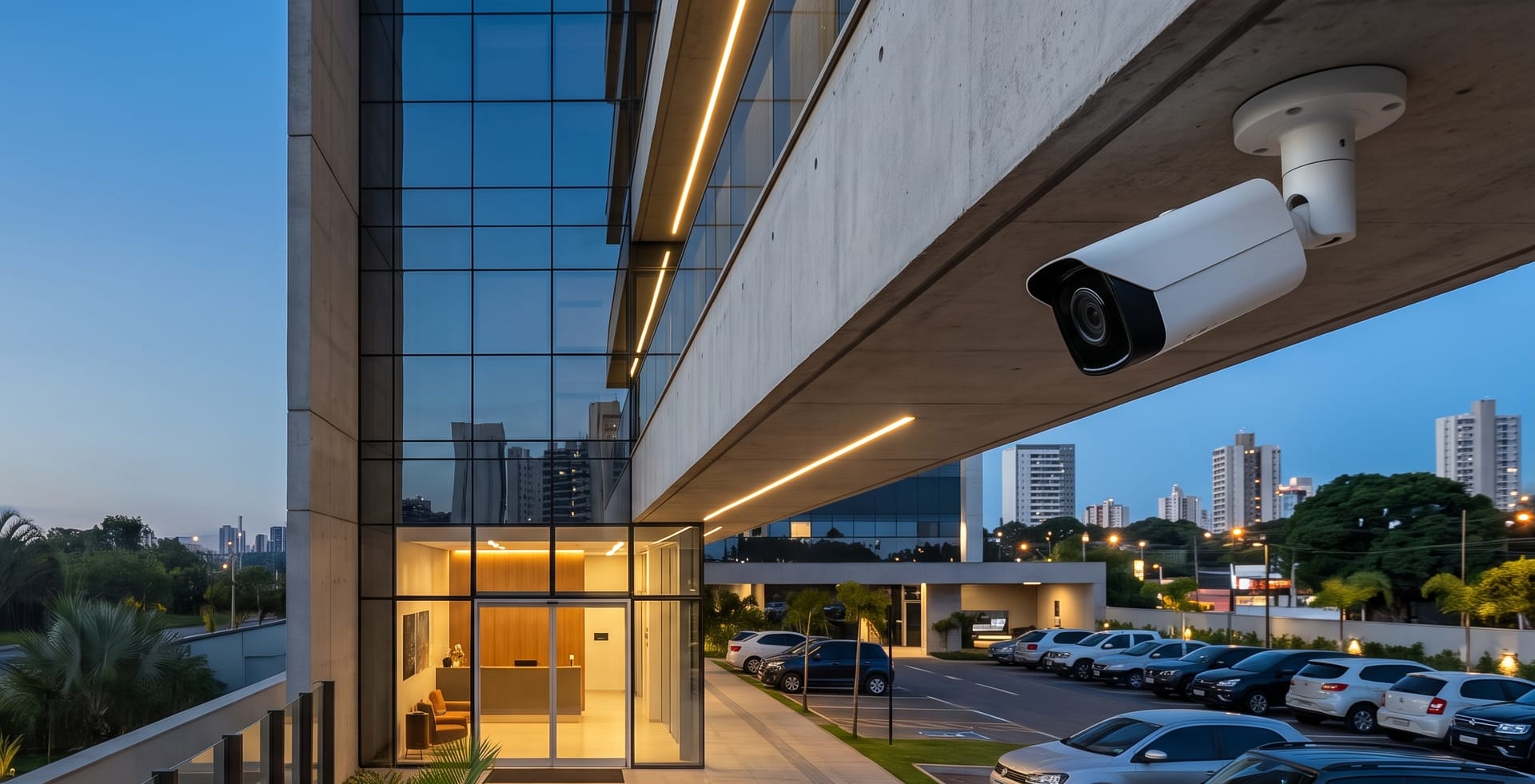 Câmera de segurança instalada em prédio comercial, com a entrada do edifício ao fundo