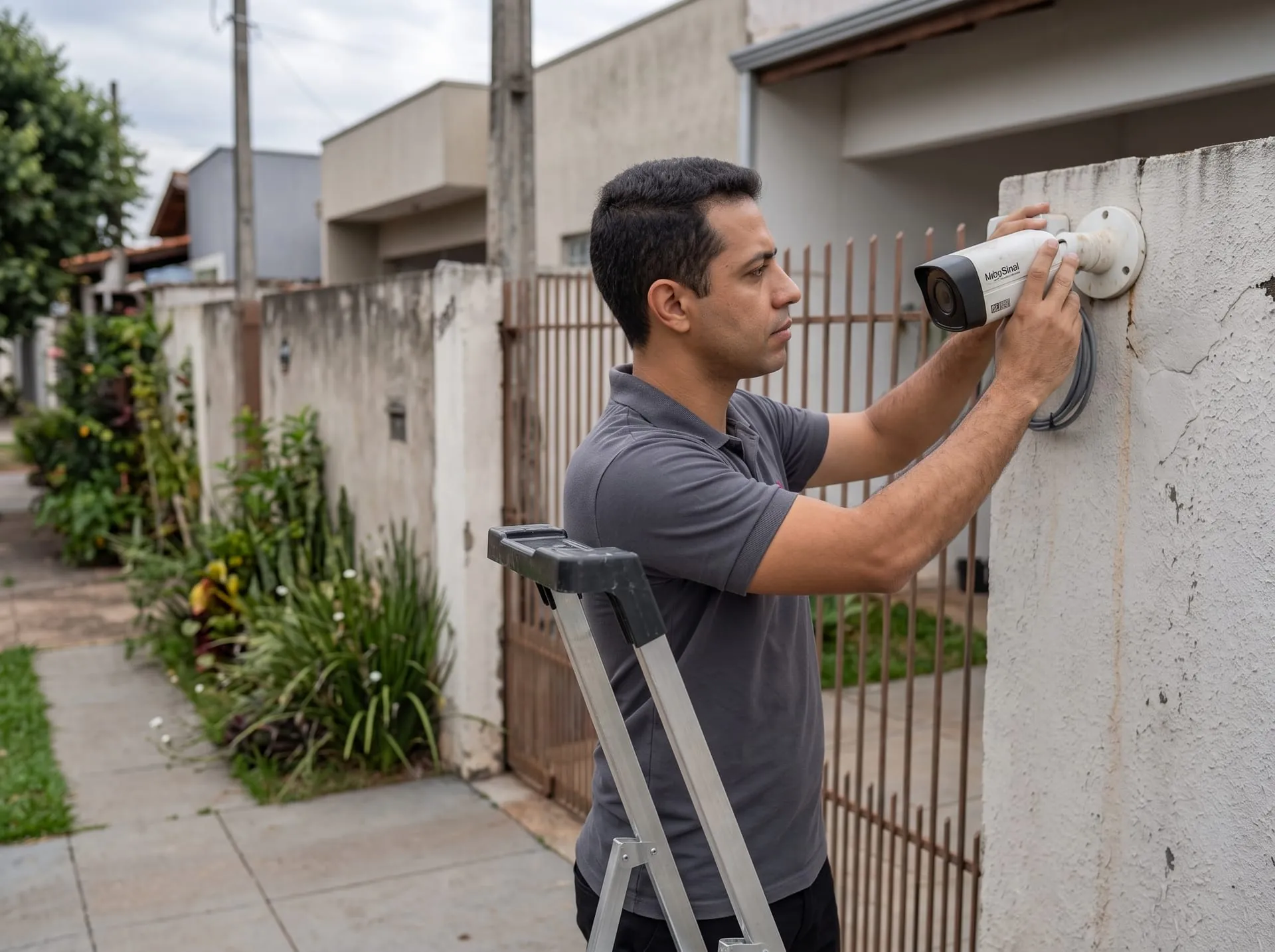 Técnico da MegaSinal instalando câmera de segurança
