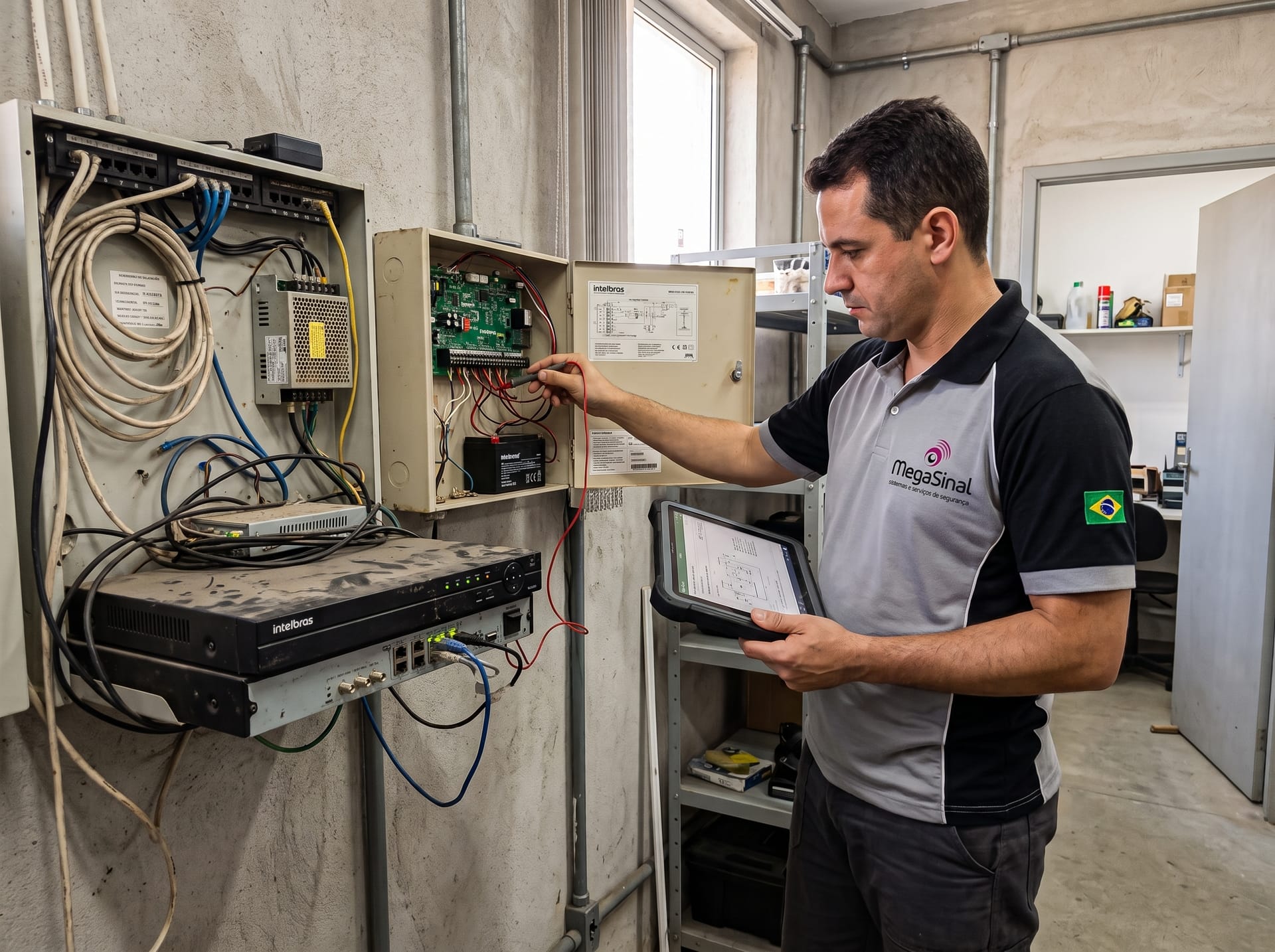 Técnico da MegaSinal realizando manutenção em painel de sistema de alarme